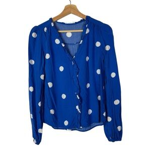 MNG Mango Royal Blue White Large Polka Dot Button Down Long Sleeve Blouse XS
